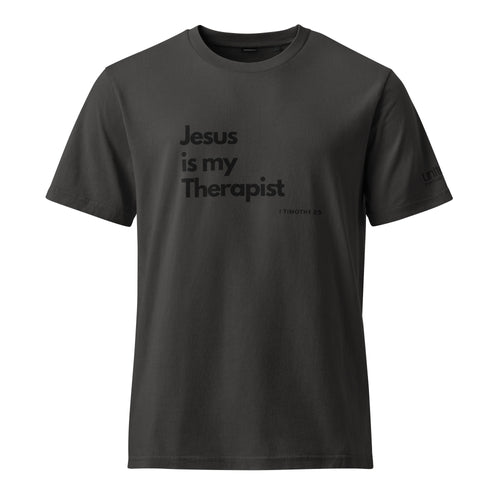 Jesus Is My Therapist T-Shirt with black text on a dark gray background, featuring 1 Timothy 2:5.