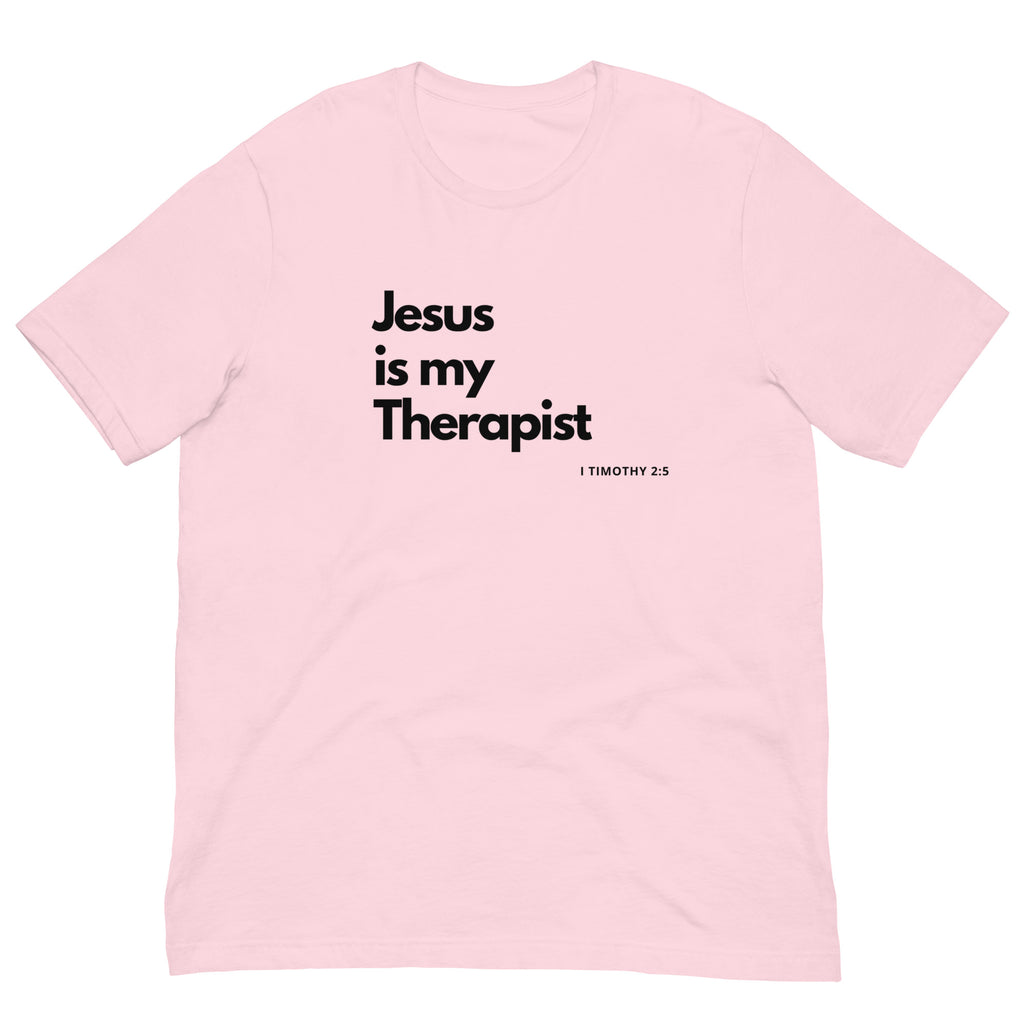 Jesus is my Therapist t-shirt in pink with black text and 1 Timothy 2:5 printed below.