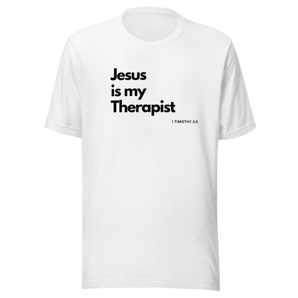 White t-shirt featuring the text 'Jesus is my Therapist' and 'I Timothy 2:5' for comfortable style.