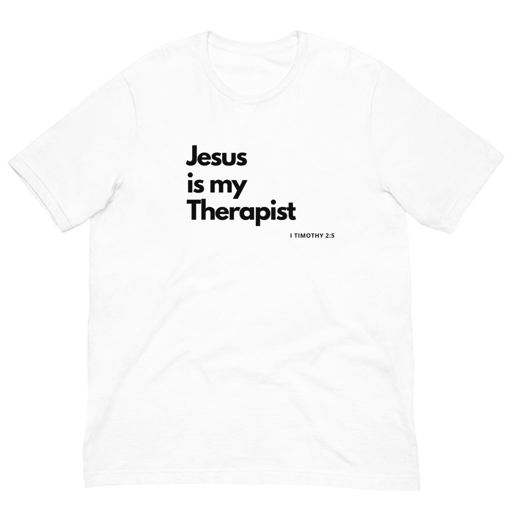 Jesus is my Therapist T-shirt design featuring bold text on a white background.